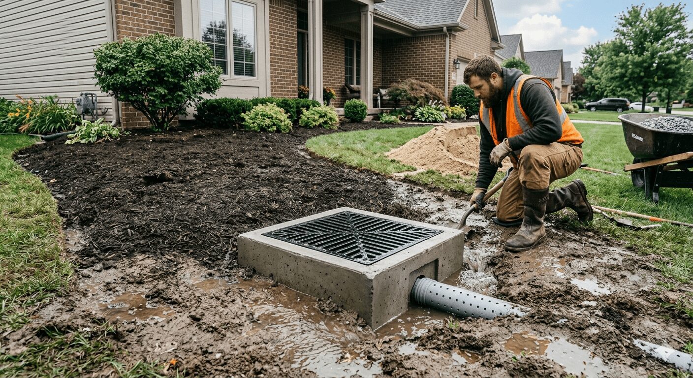 A low-angle photograph of a newly installed square precast concrete catch basin with a metal grate, set flush into a wet mulch bed after rain.