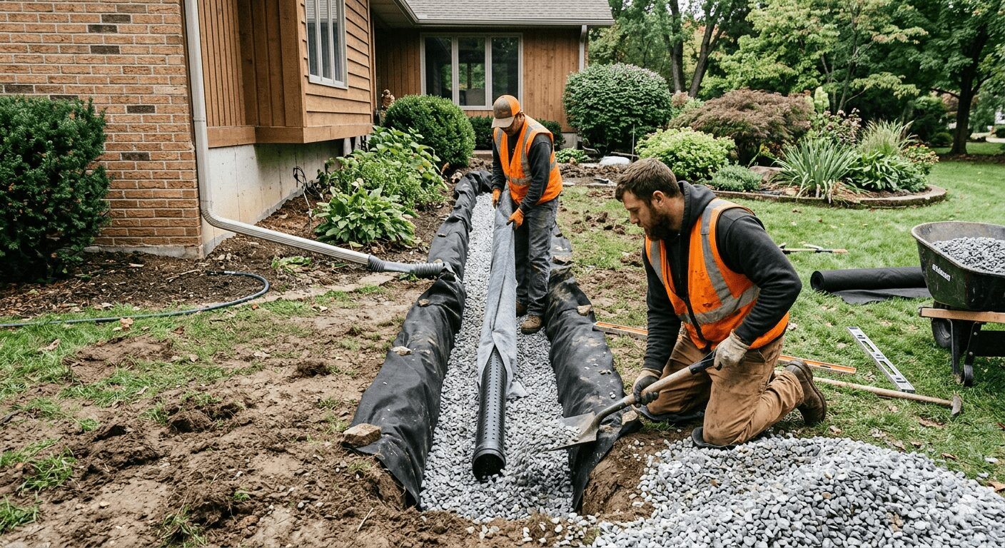 Two professional contractors installing a backyard French drain system with perforated pipe, gravel, and landscape fabric to prevent residential water damage.