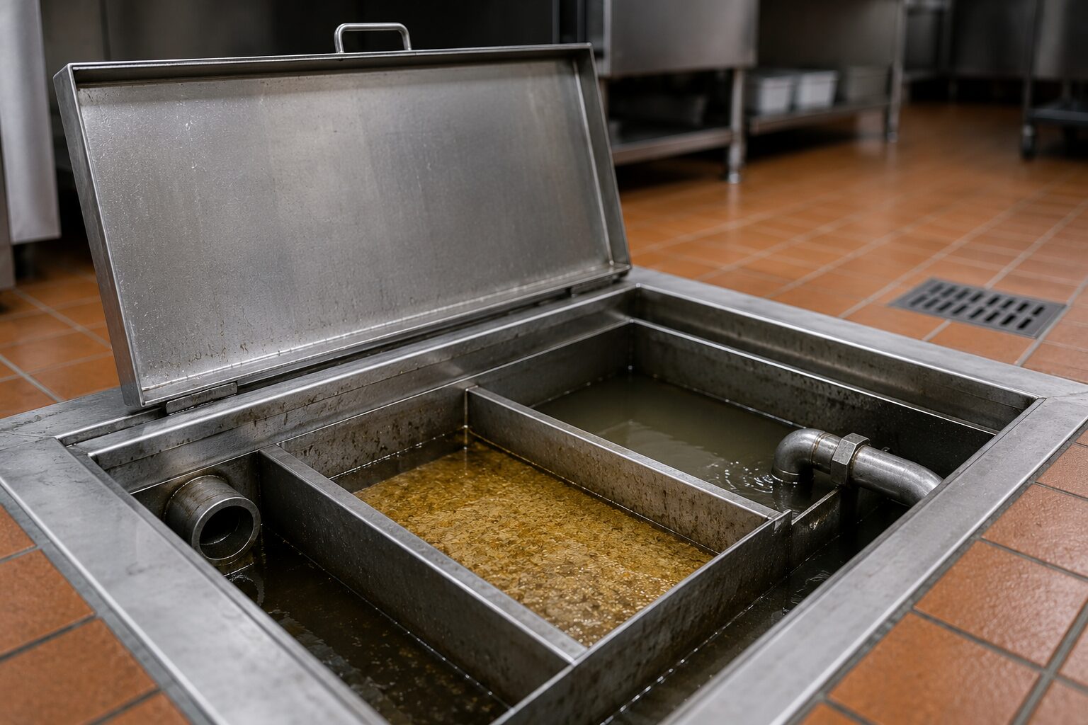 Commercial grease interceptor inside a restaurant kitchen floor during maintenance