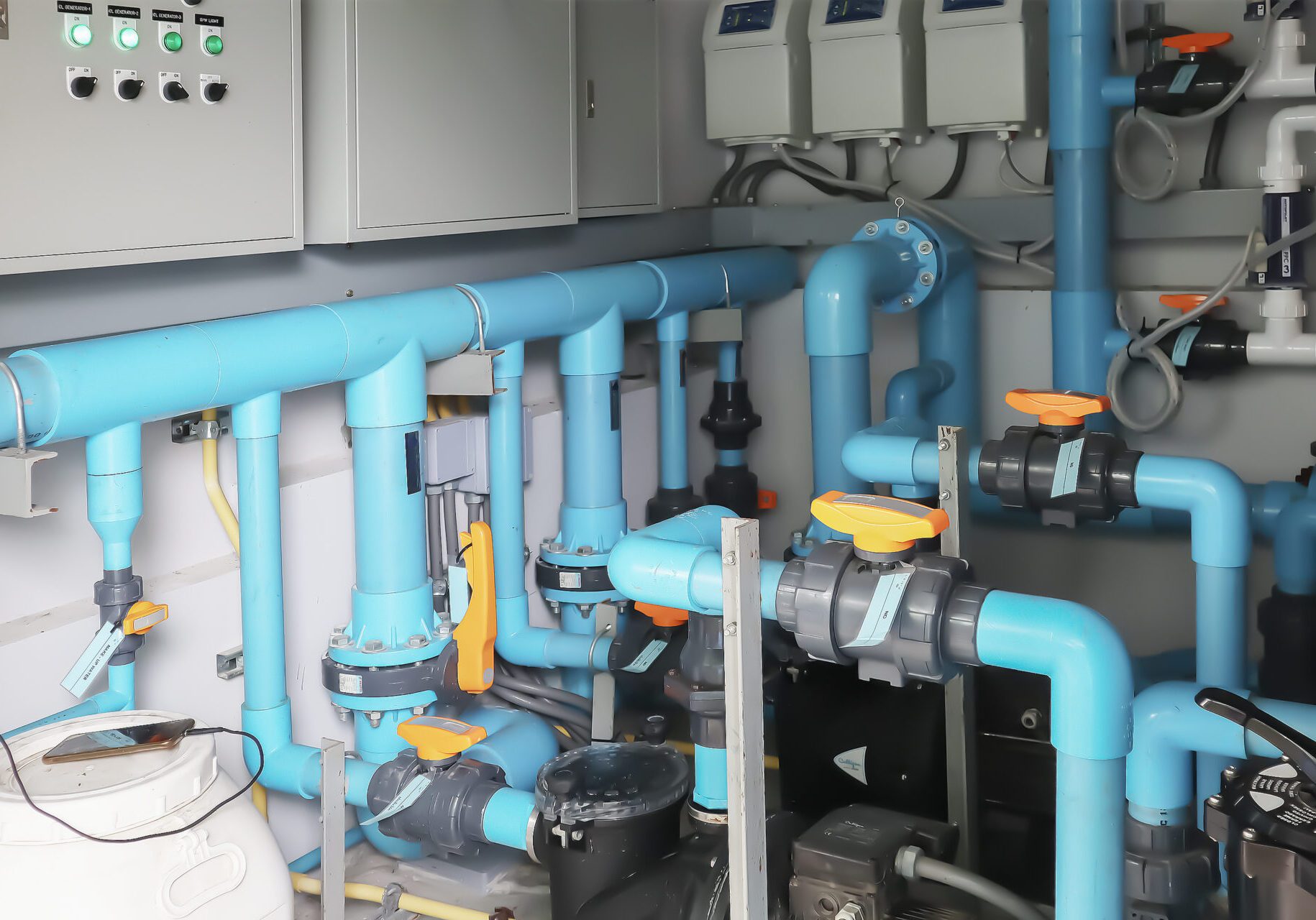 Image background of inside mechanical room of pipeline system for swimming pool.